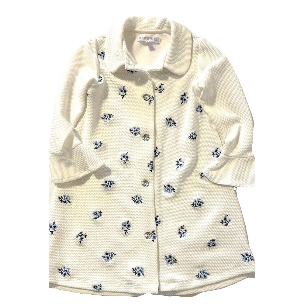 Nannette Kids Girl's White Blue Floral Embroidered Button Overcoat Jacket Dress
